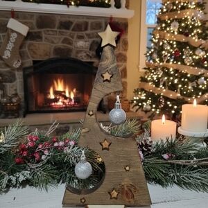 Rustic Wooden Christmas Tree with Silver Ornaments